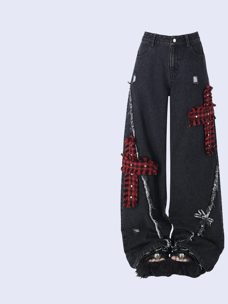 Amerikaanse Stijl Gescheurde Gespleten Rode Geruite Jeansbroek Voor Dames High Street Design Losse Broek Met Rechte Pijpen