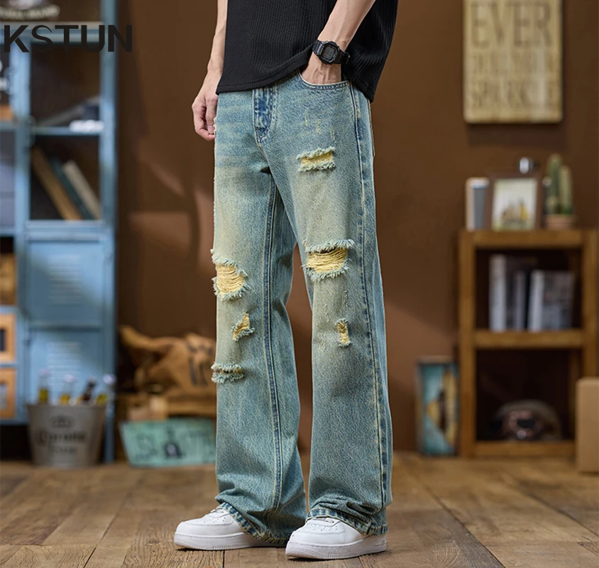 

KSTUN Distressed Jeans Men American High Street Flared Denim Pants Loose Boot Cut Jeans Men Vintage Jeans Hollow Out Motocycle