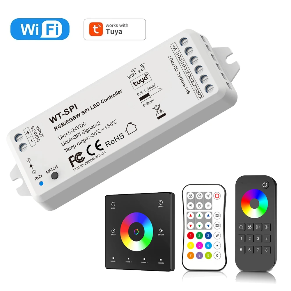 

TUYA WiFi SPI Led Controller 5V-24V RGB RGBW IC Addressable Light WS2812B WS2811 TM1809 SK6812 2.4G RF Remote Control For Alexa