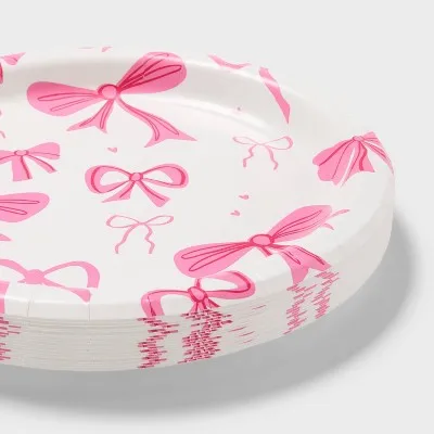 20ct Hot Pink Bows Snack Paper Plates for Parties, Events and Everyday Meals