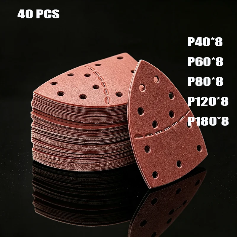 40Pcs 11‑Hole Triangle Mouse Sandpaper Hook & Loop Sanding Pads Assorted Grit P40‑P180 For Detail Palm Sander Wood Polishing