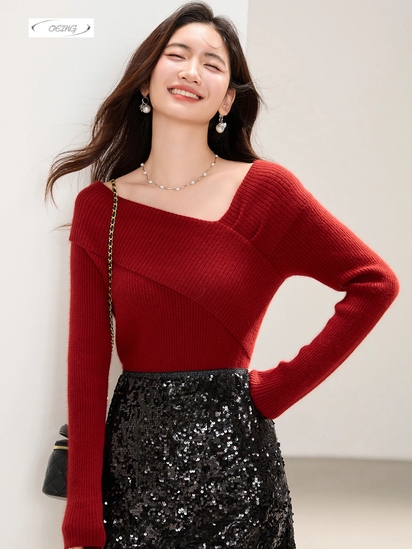 

Women Fashion Spliced Long Sleeve Red Knitted Pullover Sweater Autumn Winter Korean Style Elegant Slim Casual Tops Jumper 5819