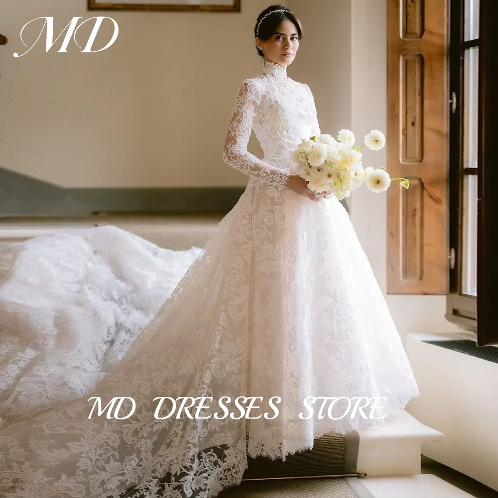 

MD Modern Lace A-line Wedding Dress High Neck Illusion Full Sleeve Backles Bridal Gown Sweep Train Vestido De Noiva Customized