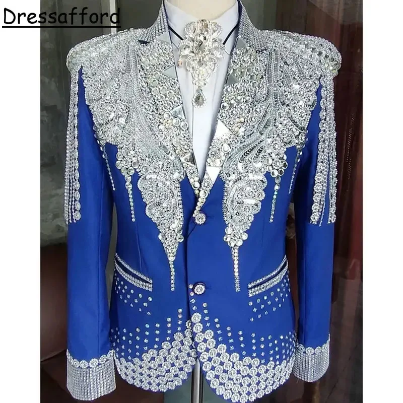 Luxury Crystal Beading Tassel Wedding Tuxedos Men's Suits Slim Fit Tuxedo Blazers Wedding Party Groom 2 Pieces Jacket Pants