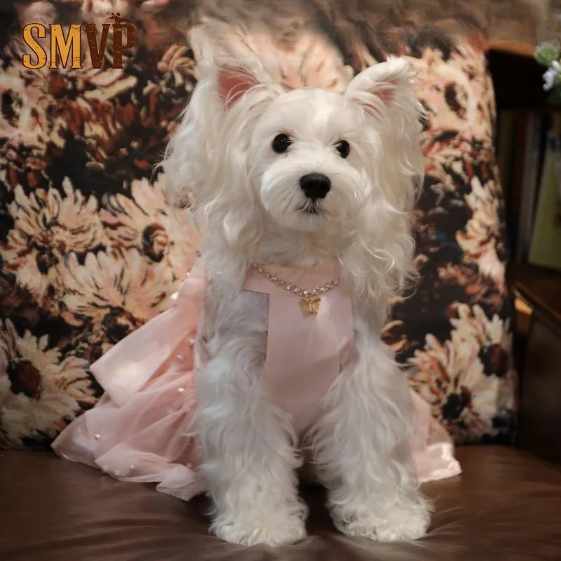 

Pink Satin Pet Halter Dress Beach Party Style Large Satin Bow Hand Sewn Pearl Details Layered Sheer Mesh Dress for Small Pets
