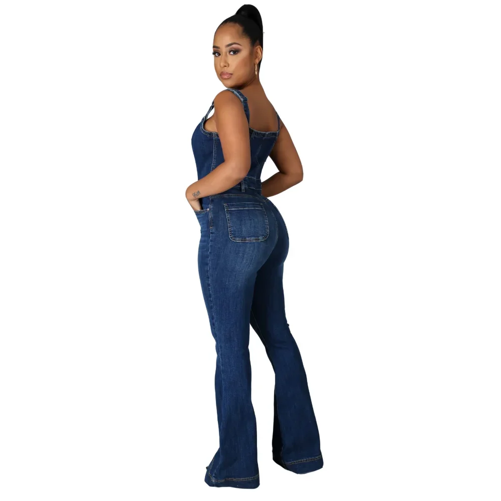 Women's Denim Jumpsuit - Wide Leg Jeans, Sleeveless Button Half-Open Rompers, Female Fashion Casual Pants