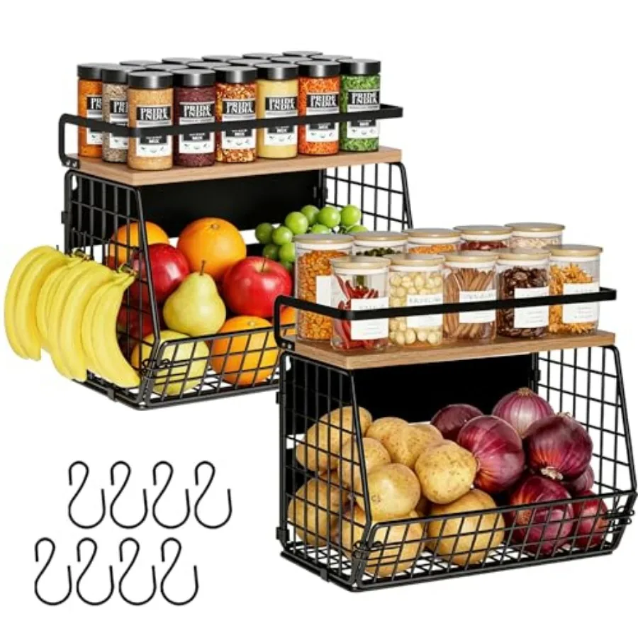 

Fruit Basket 2 IN 1 Magnetic and Hanging Wall Produce Basket with Spice Rack for Potato and Onion Storage for Pantry, Kitchen C