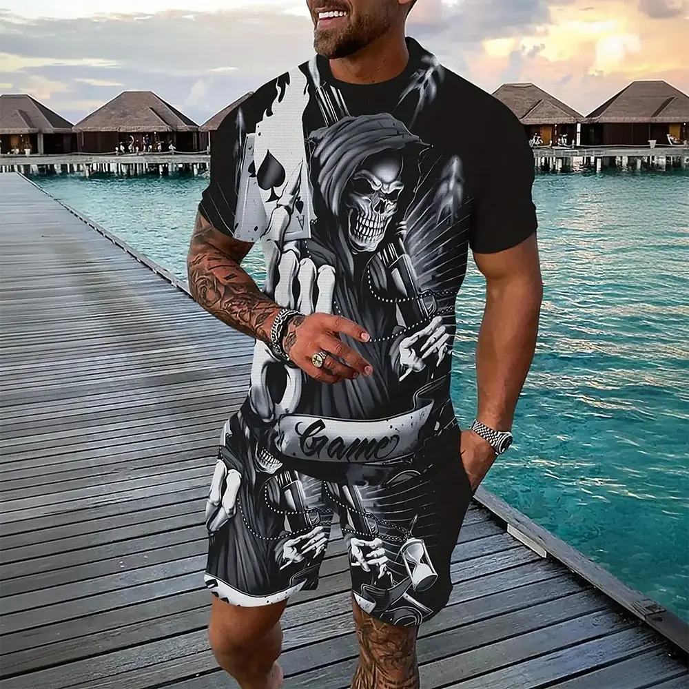 Men's Skull 2pcs Tees sets Short Sleeve Short Pants Crew Neck Dark Street Sport Daily 3D Print Summer Grey