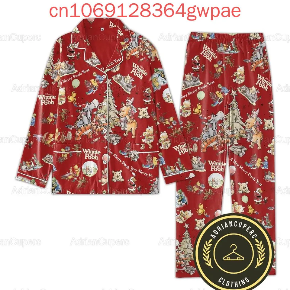 Disney Winnie The Pooh Christmas Pajama Set 3D Printed Pooh Bear Holiday Casual Men's Women's Long Sleeve Shirt Pajama Set