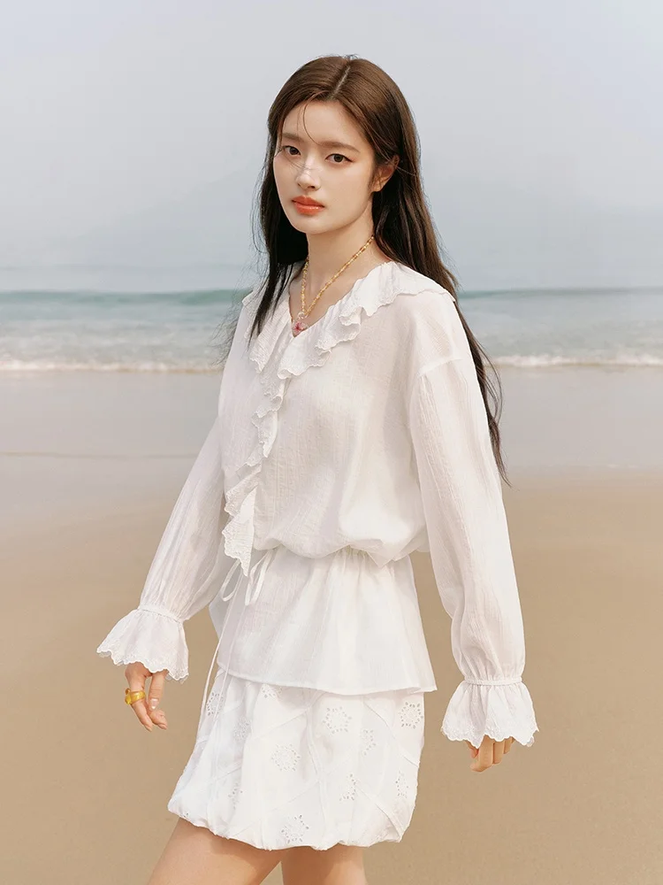 

Van Silan Long Sleeve Embroidered Shirt Waist Drawstring Hem Ruffle Cleanfit Style Women's Premium Fashion Shirt