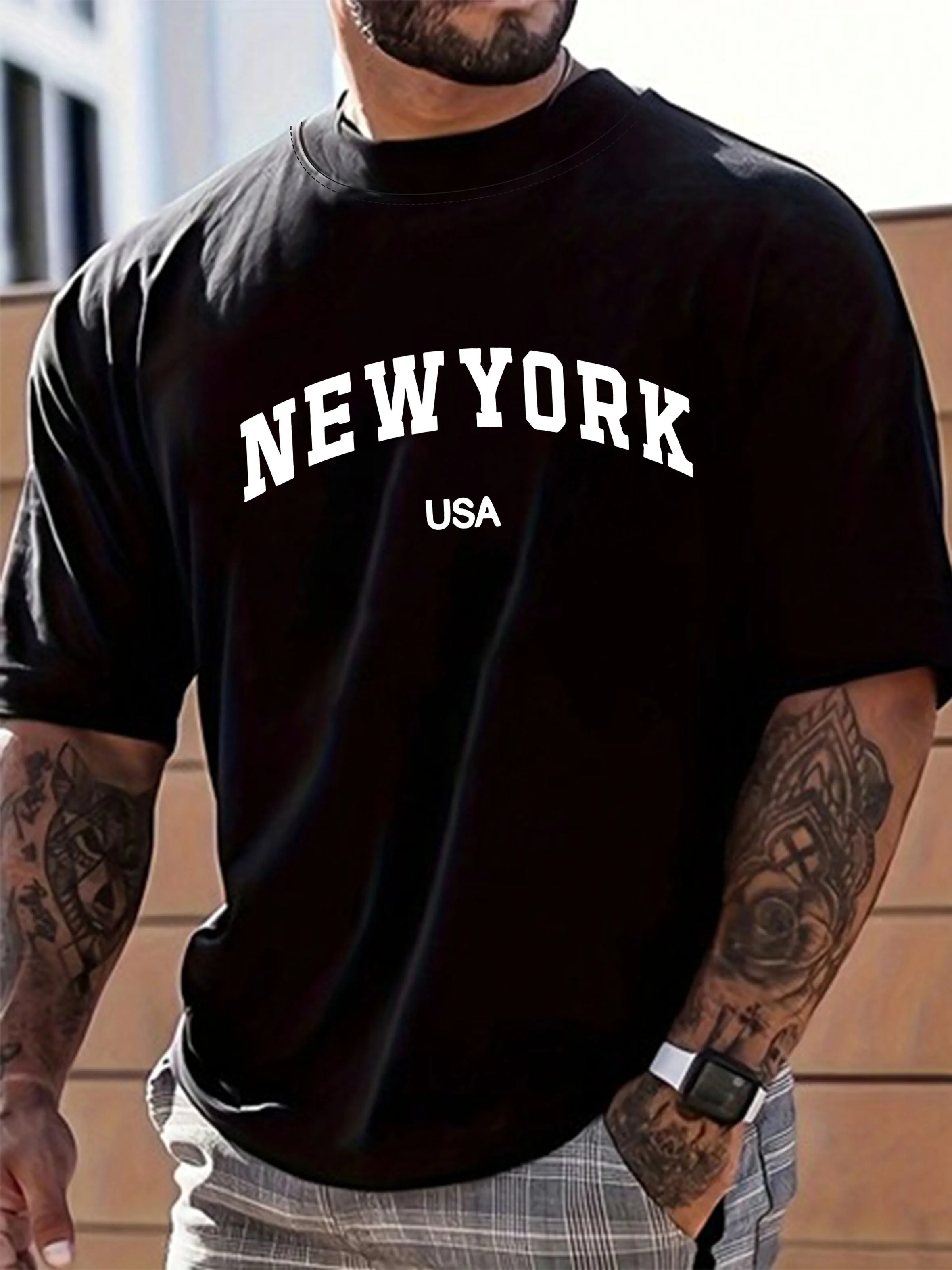

Men's summer 100% pure cotton fashionable casual sports loose New York USA letter printed round neck short sleeved T-shirt top