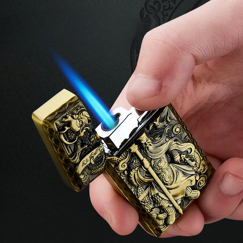 Embossed Windproof Direct Charge Lighter Butane Gas Blue Flame Open Cover Loud Steel Sound Personalized Lighter