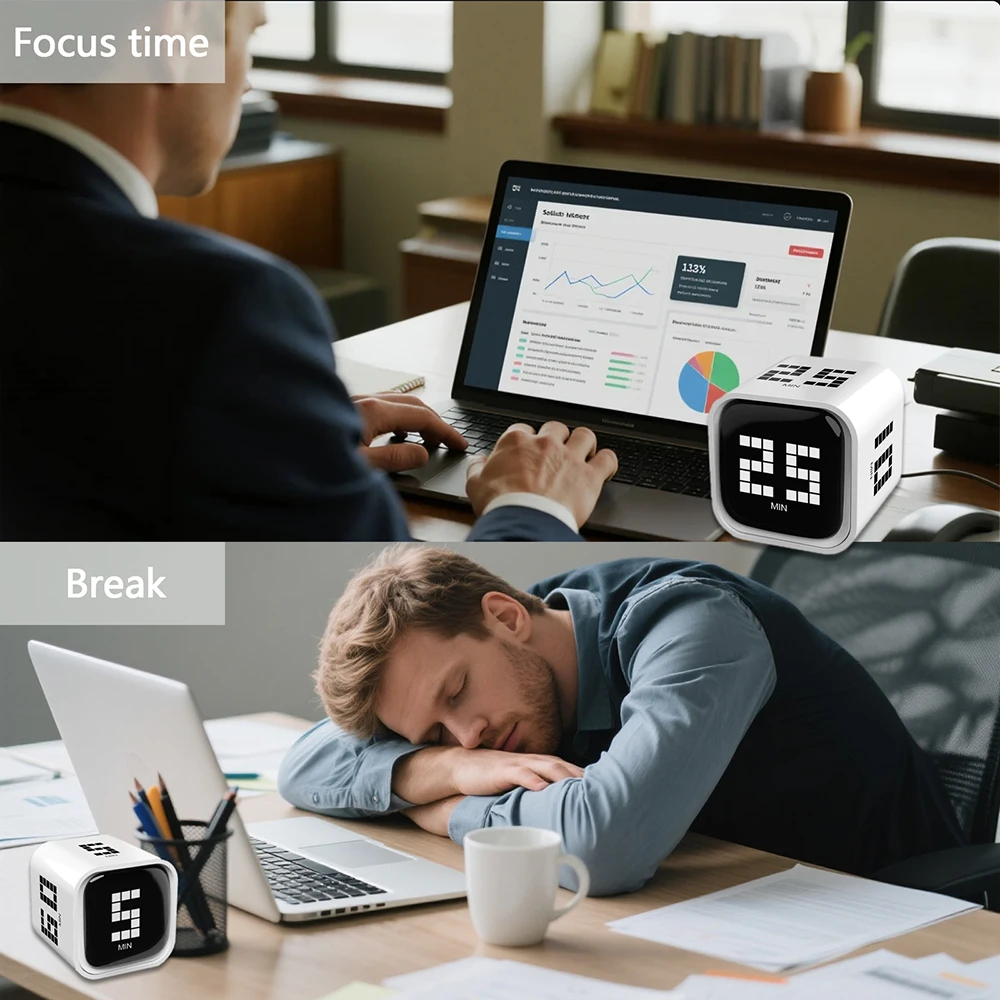 مؤقت بومودورو المكعب القابل للتعديل - عد 5/25/10/60 دقيقة، إعدادات - إيقاف مؤقت، استئناف، مؤقت إنذار صامت، اهتزاز وصوتي