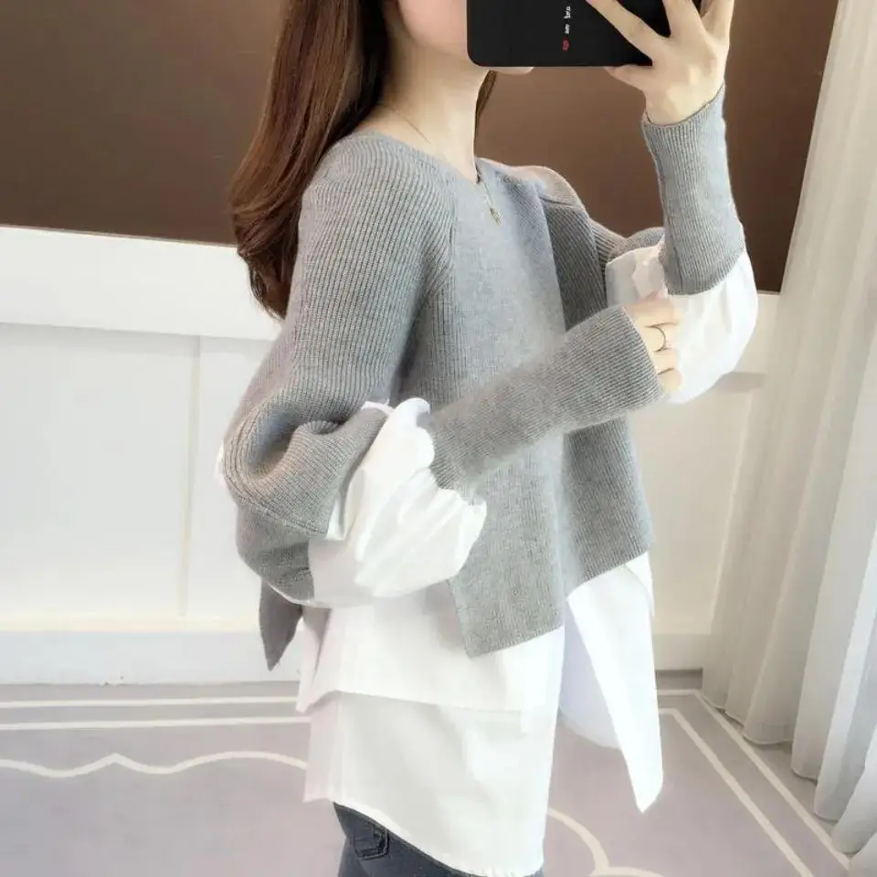 Women Autumn Spring Sweater Chic Pullover Blouse Splicing Shirt Patchwork Knitted Female Jumper U1022