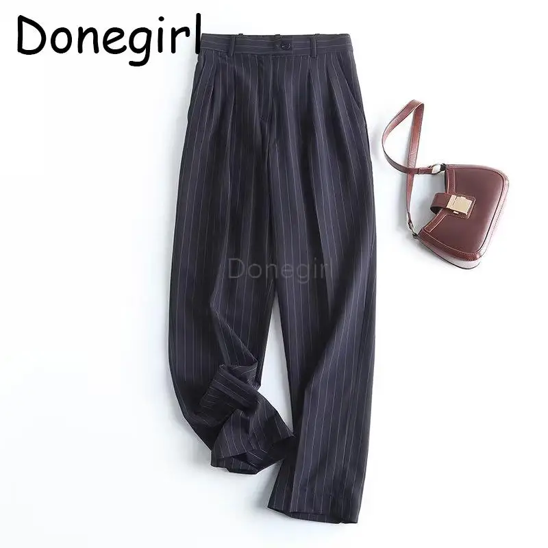 Donegirl 2023 New Women Spring Summer High Waist Striped Printed Straight Casual Blazer Pants Commute Trousers Female Chic