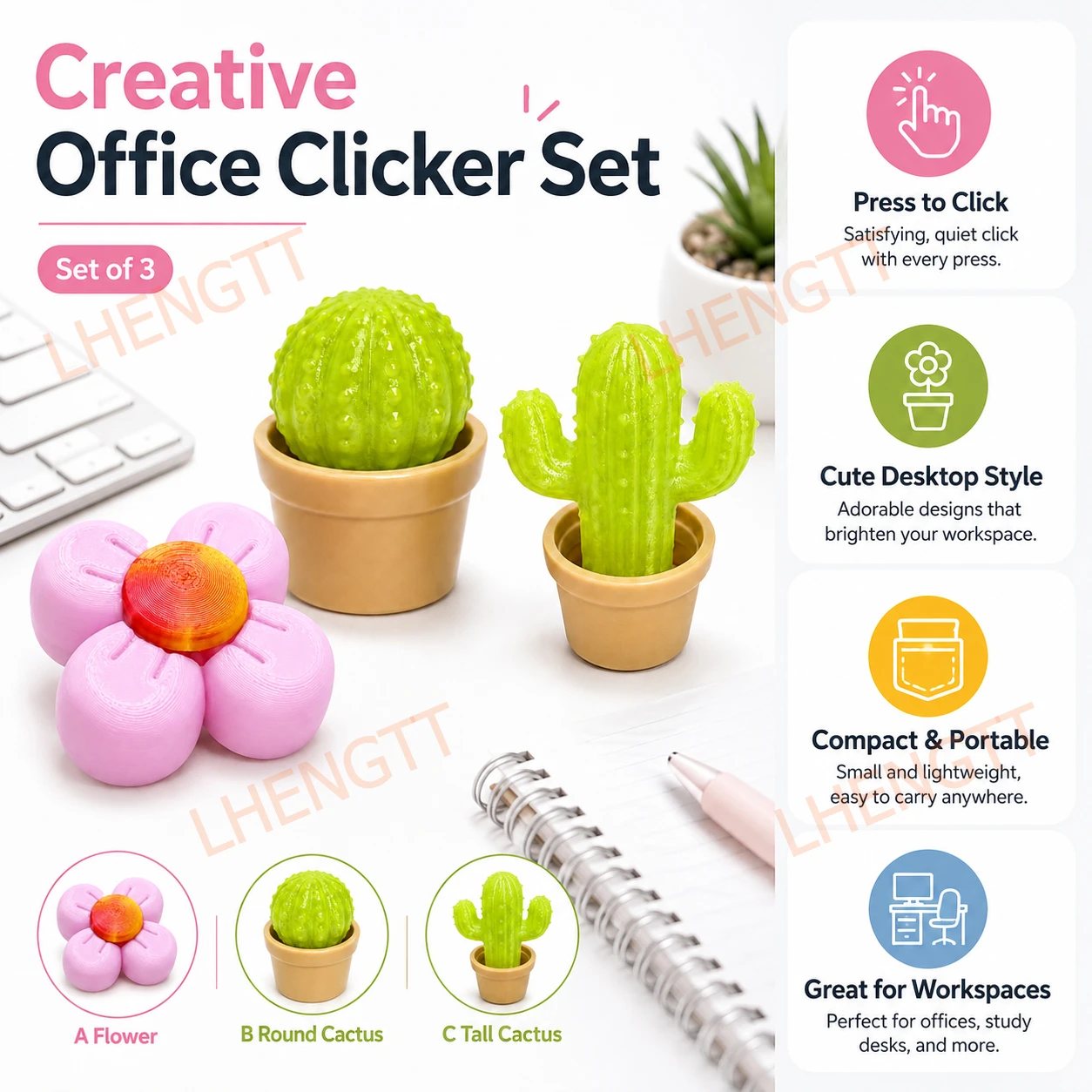 3PCS Flower & Cactus Desk Clicker Set, Creative Desktop Button Clickers for Office Desk Decor, Workspace and Daily Use