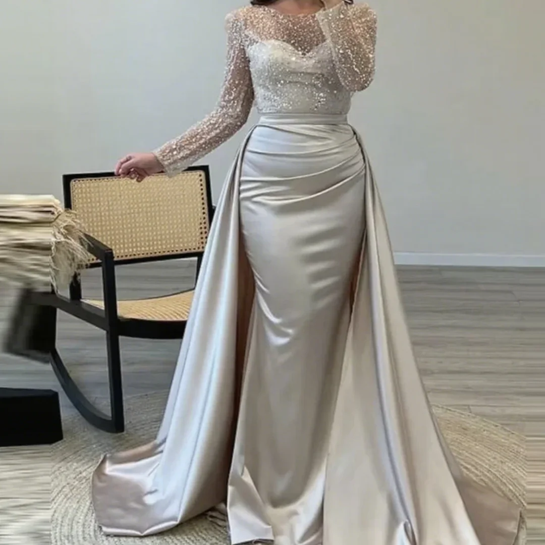 

Long Sleeves Floor Length Illusion Prom Wedding Guest Dress Sequin Evening Gown Satin Dress Customized Mother of The bride Dress