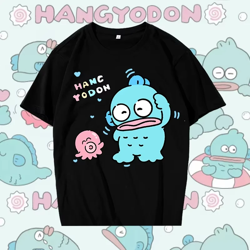 

Sanrio милая футболка с короткими рукавами и принтом Hangyodon, летние повседневные свободные топы из 100% хлопка, женская одежда с героями мультфильмов, футболка
