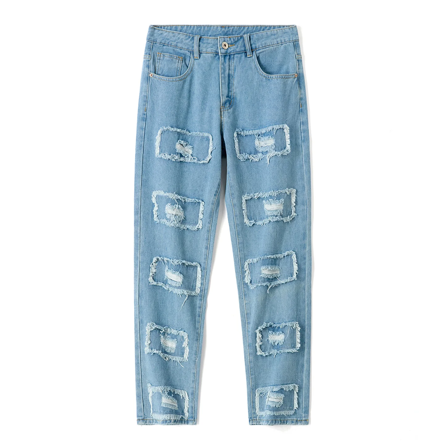 Men s Jeans Man Pants Ripped Denim Relaxed Fit Light Blue Streetwear Casual Baggy Trousers For Summer