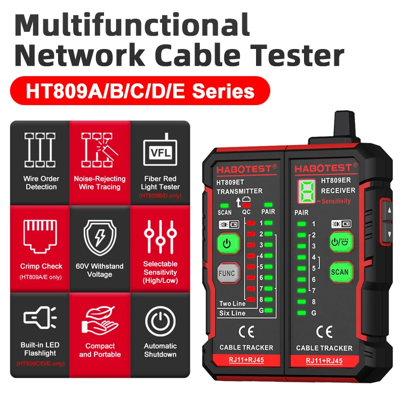 HT809 Series Professional Network Cable Tester RJ45 RJ11 Wire Tracker VFL Visual Fault Locator Wire Mapping Crimp Test Tool