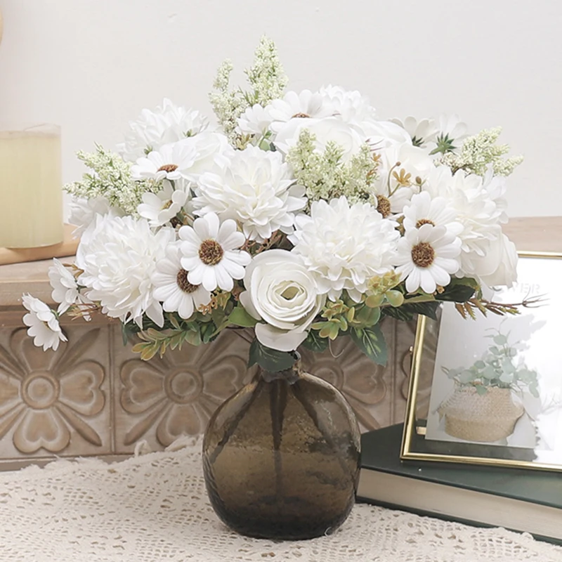 White Silk Artificial Flowers Decor Rose Hydrangea Daisy Wheat Grain Hybrid Bouquet Vase for Home Wedding Christmas Decoration