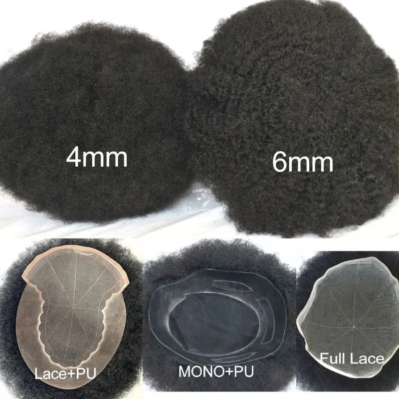 Pwigs 10x8 Afro 360 6mm 4mm kinky Curly French Lace Toupee for Man Natural Black 100% Human Hair Pieces Skin PU Hair System