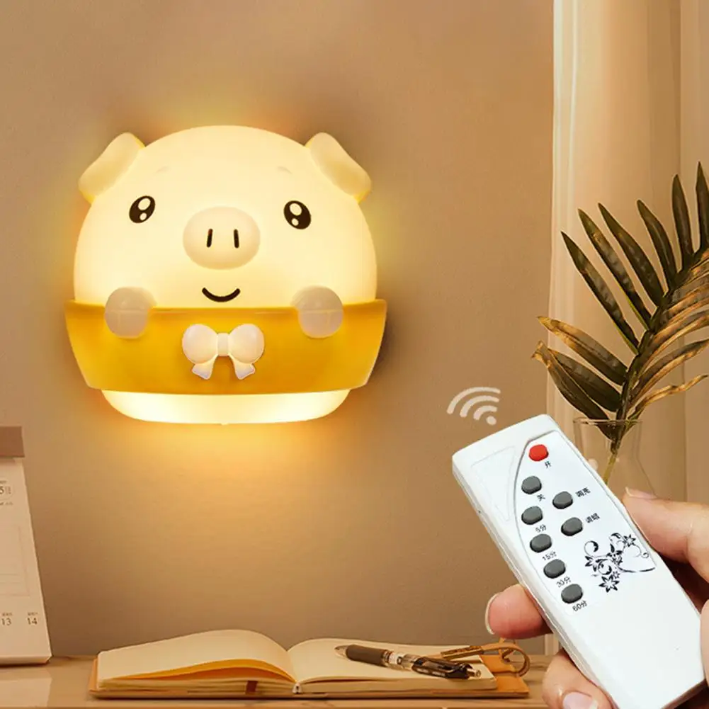 Cartoon LED Lamp Adorable Appearance Remote Control Soft Lighting Eye Flicker Free Dimmable Cartoon Pig Bedside Lamp