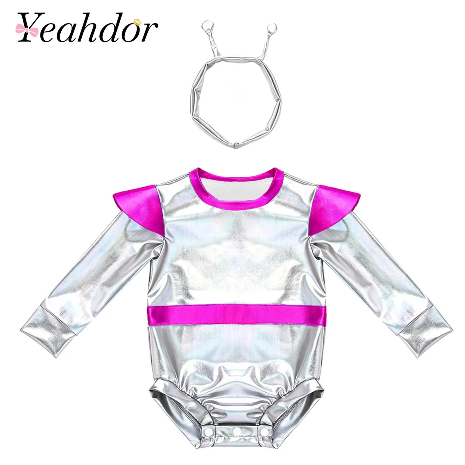 Baby Bodysuit Toddler Girls Alien Outfit Long Sleeve Press Button Crotch Shiny Metallic Romper for Photography Halloween Costume