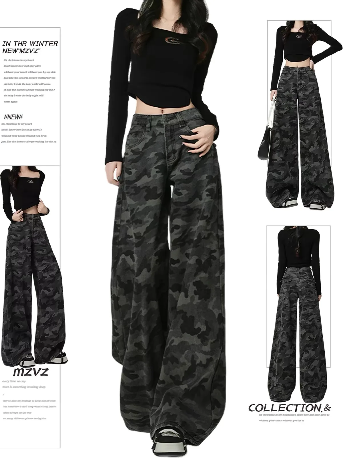 Loose Fit Camouflage Wide Leg Pants High Waist Jeans for Junior High School Students Casual Comfortable Slimming Trousers