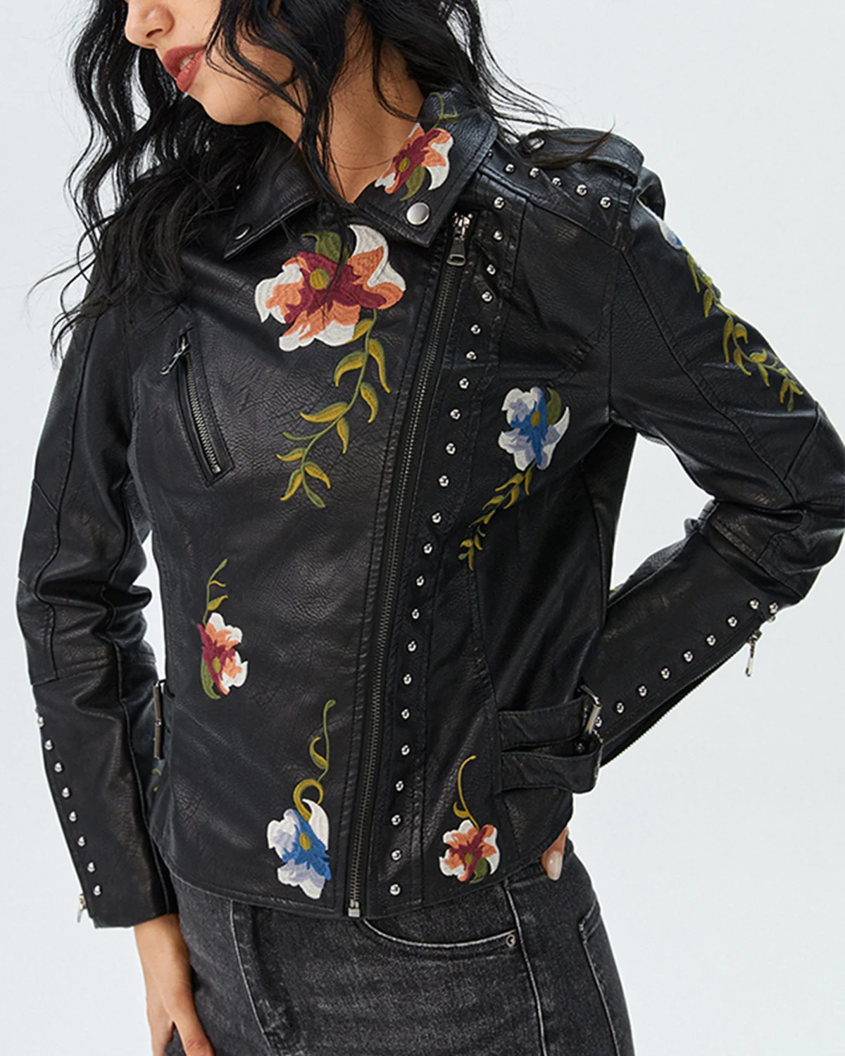 Women\'s Floral Embroidered Faux Leather Moto PU Jacket Biker Bomber Coat