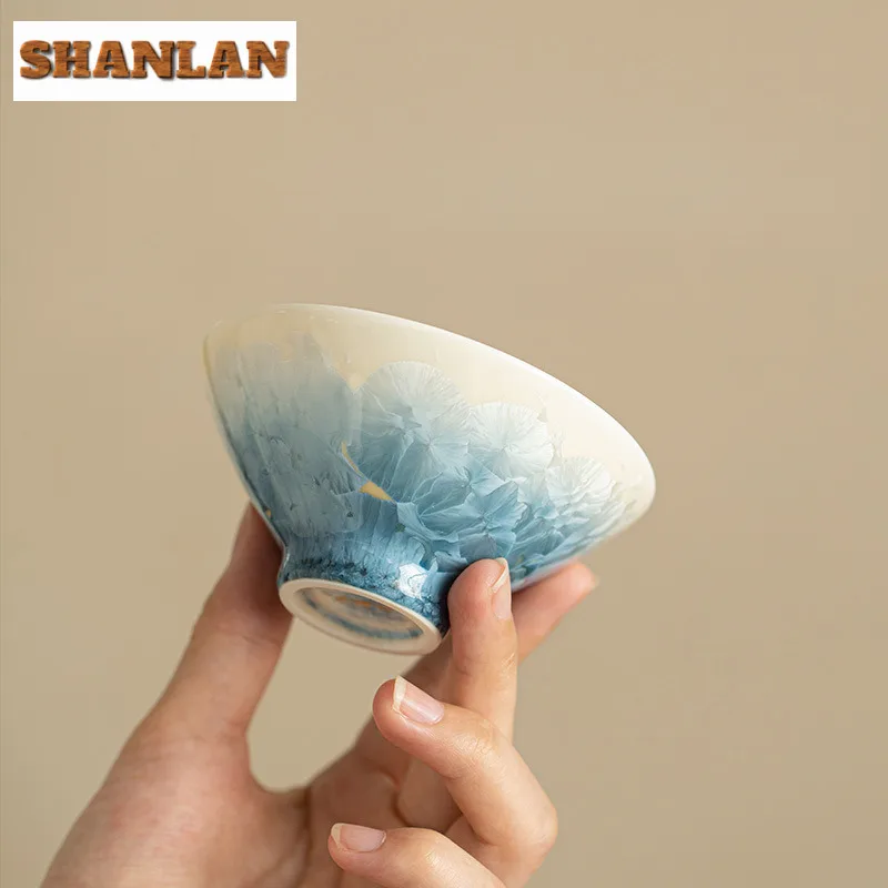 80ml Jingdezhen Crystal Glaze Teacup Creative Blue Ice Flower Master Cup Small Tasting Mug Retro Tea Pair Meditation Cup Gifts