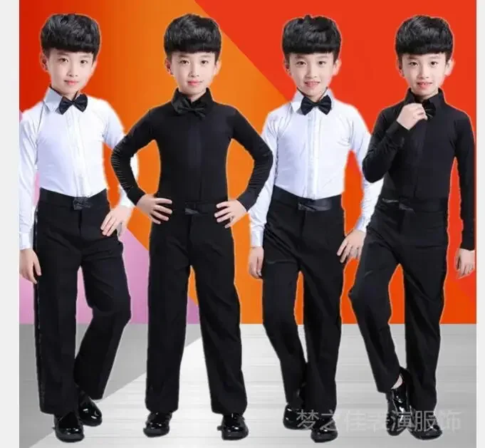 Boys Latin Dance Costume Ballroom Cha Cha Tango Stage Performance Costumes Children Black White Bow Top and Pant