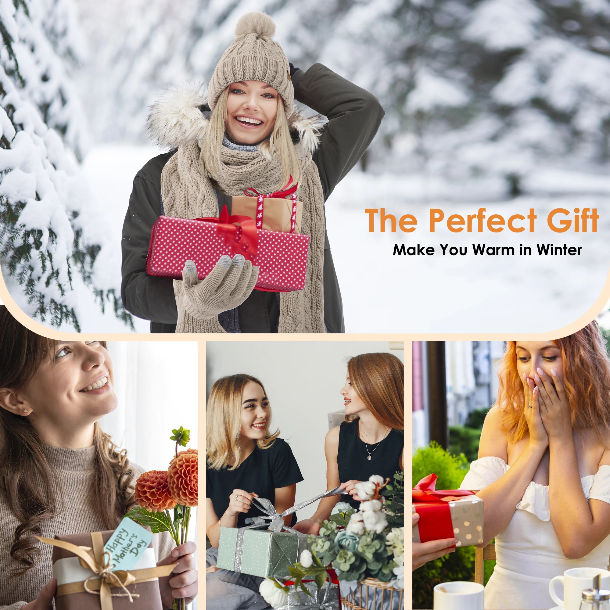 طقم نسائي مكون من ثلاث قطع بما في ذلك قبعة شتوية وقفازات ووشاح وقبعة بوم بوم محبوكة وقفازات مرنة ودافئة وندبات سميكة وطويلة #5