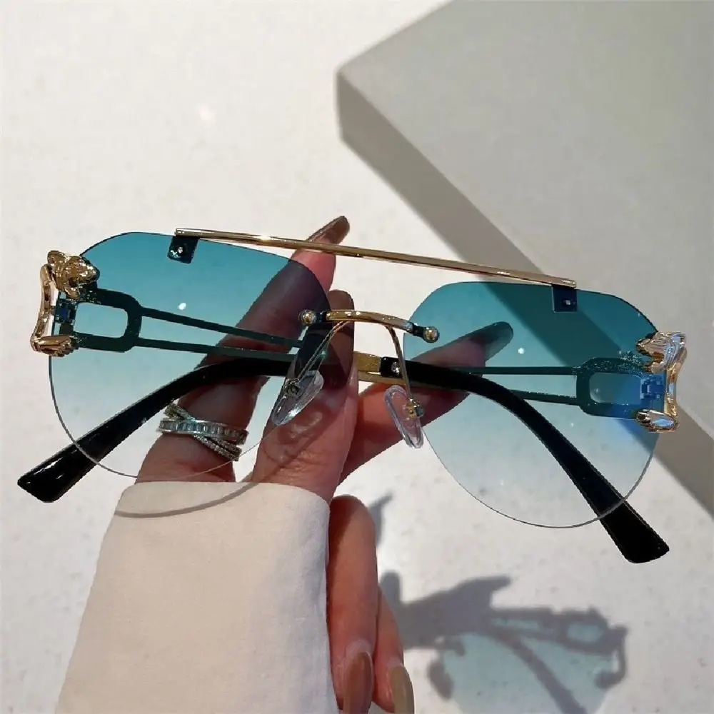 Vintage Cheetah Decor Rimless Sunglasses Men Women Trendy Gradient Shades New Double Bridge Sun Glasses UV400 Fashion Eyewear