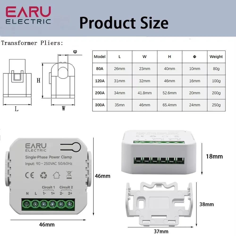 Tuya Wifi Two-Way Birectional Power Energy Meter 80-300A 110V 220V With Clamp CT kWh Electricity Comsumption Monitor