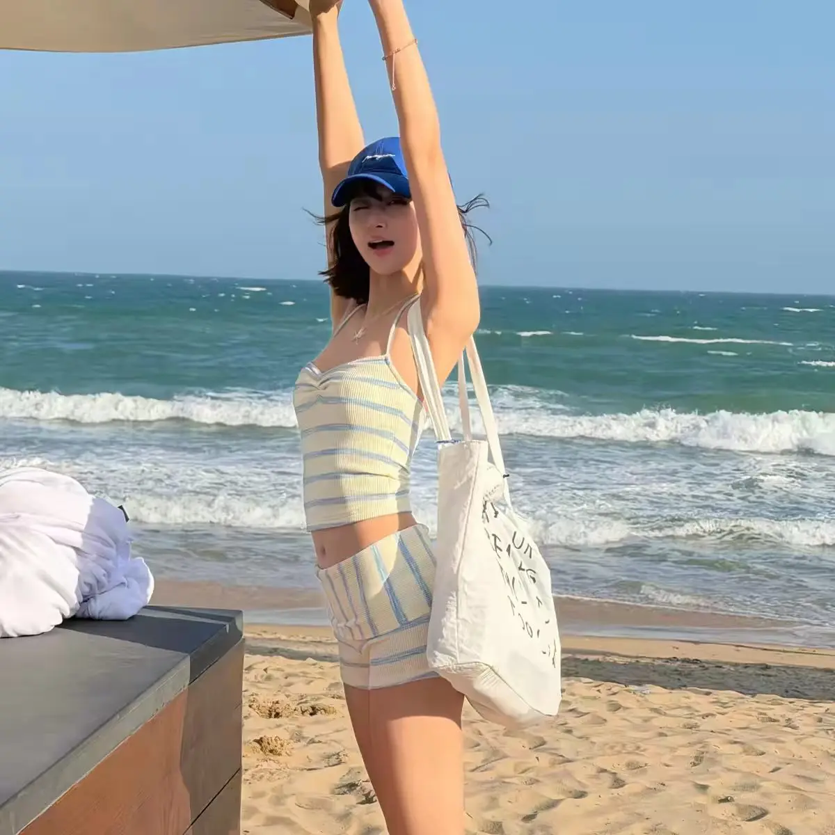 Sexy Slimming Small Chest Bikini Pure Desire Holiday Hot Spring Swimming Suit Neck Hanging Stripe Pattern Girl's Swimsuit