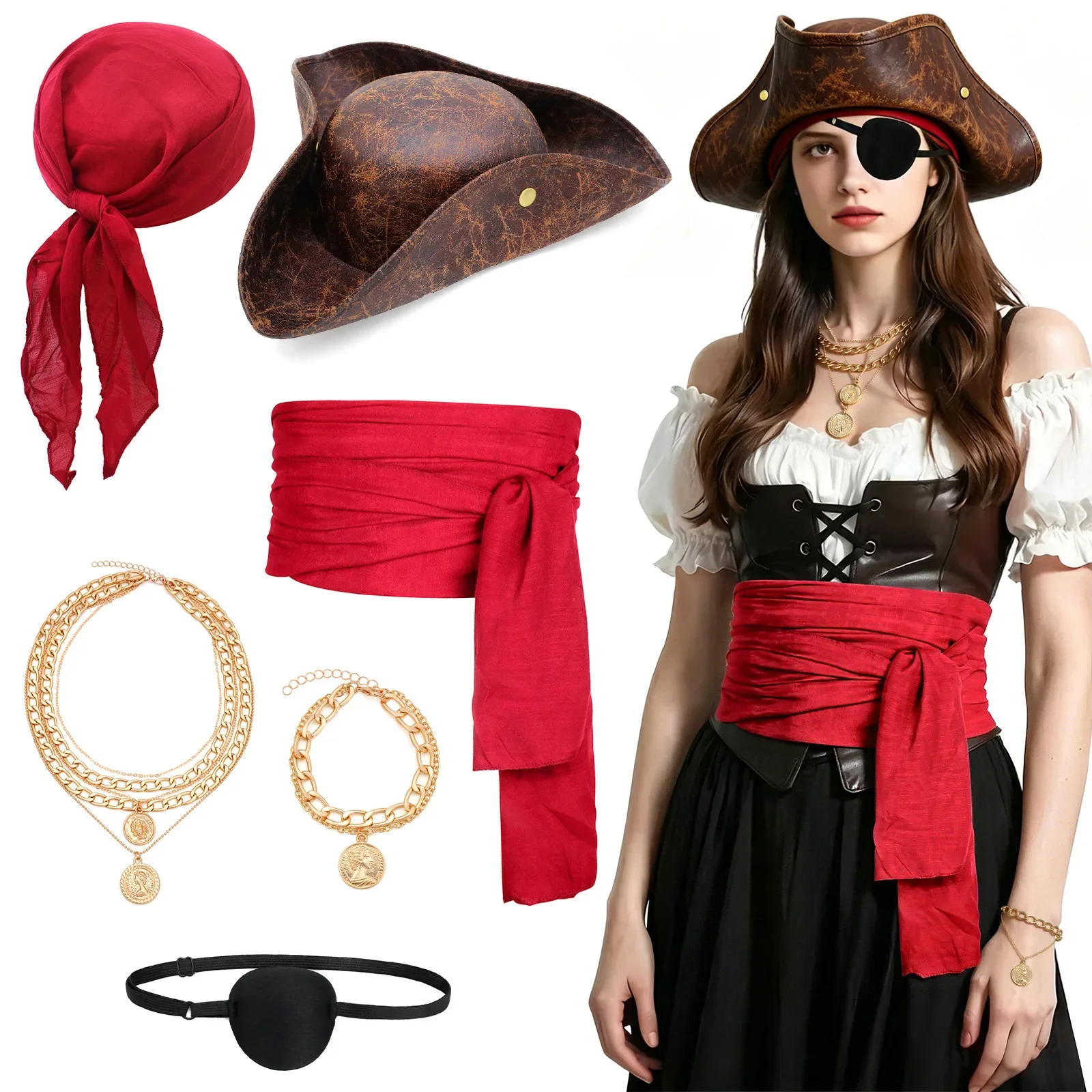 Pirate Costume Accessories with Cap, Bandana,Necklace,Bracelets Sash Belt & Eye Patches for Men Women Pirate Cosplay