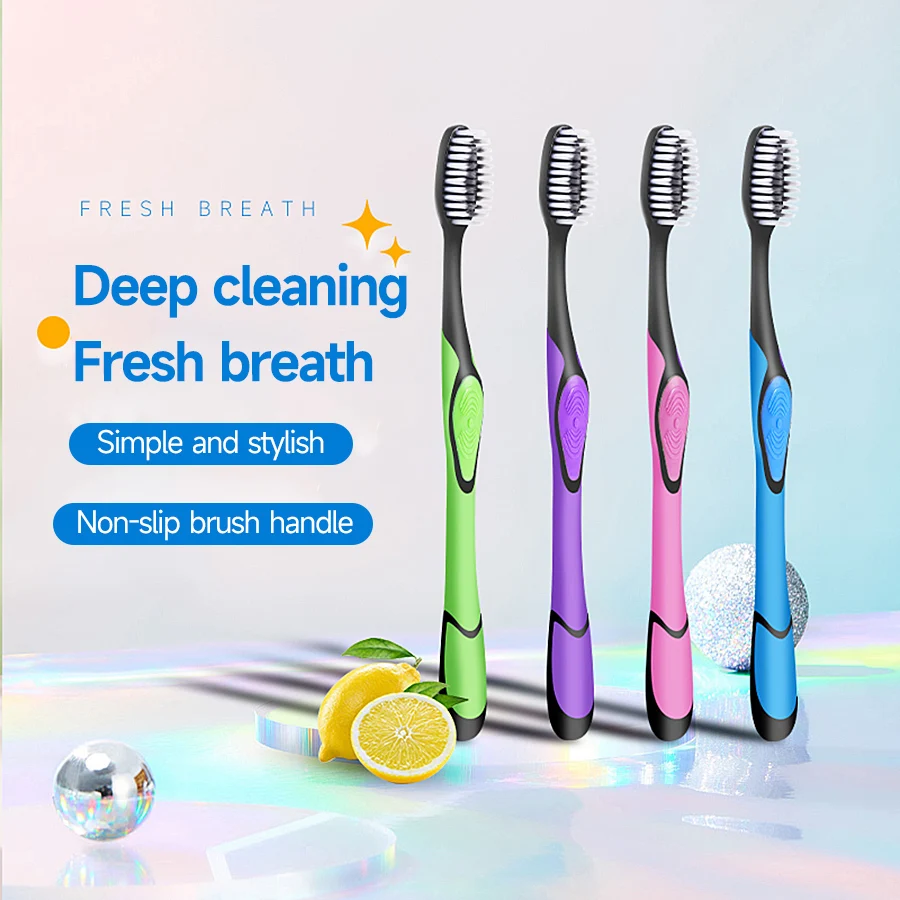 

4 pcs Adult soft bristled bamboo charcoal toothbrush，equipped with long charcoal anti slip brush handle, Color random