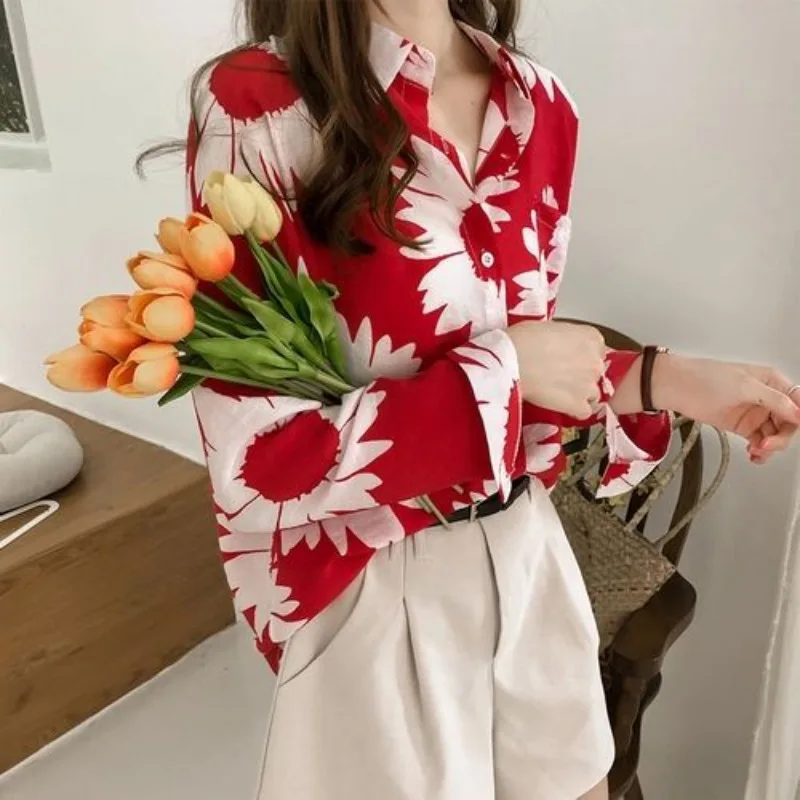 여성 봄 가을 단순 사무실 레이디 인쇄 느슨한 폴로 칼라 긴 소매 셔츠 숙녀 패션 모든 경기 트렌드상의