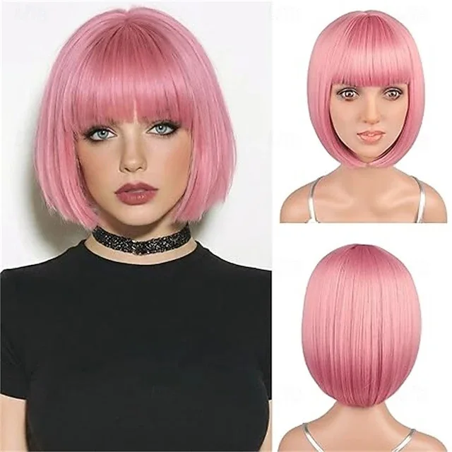 Synthetic Bob Wig Red Straight Short Hair with Bangs Heat Resistant Fiber 12 Inch Daily Anime Cosplay Party Costume