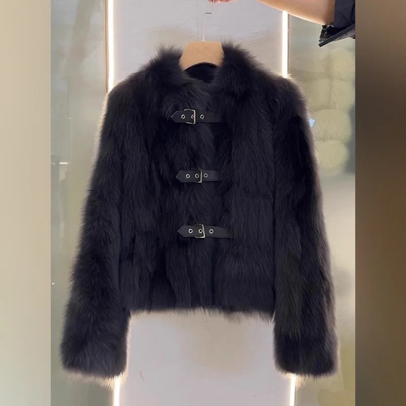 Veste en fausse fourrure de renard pour femme, manteau en peluche à col montant, élégant, boucle en cuir, vêtements d'extérieur de luxe, mode automne hiver