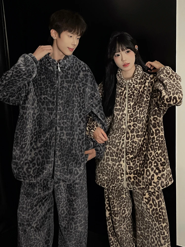 다이멜루 레오파드 프린트 잠옷 세트 남성용 파자마 가을 코랄 플리스 플란넬 고급 두꺼운 겨울 라운지웨어 수트