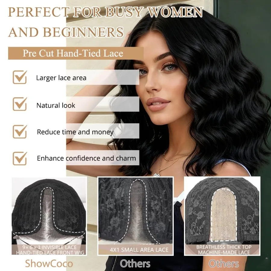 باروكة صناعية قصيرة مموجة مع دانتيل مربوط يدويًا مسبقًا للنساء خط شعر طبيعي وتصميم الجزء الأوسط 14 بوصة على طراز بوب طبيعي مع