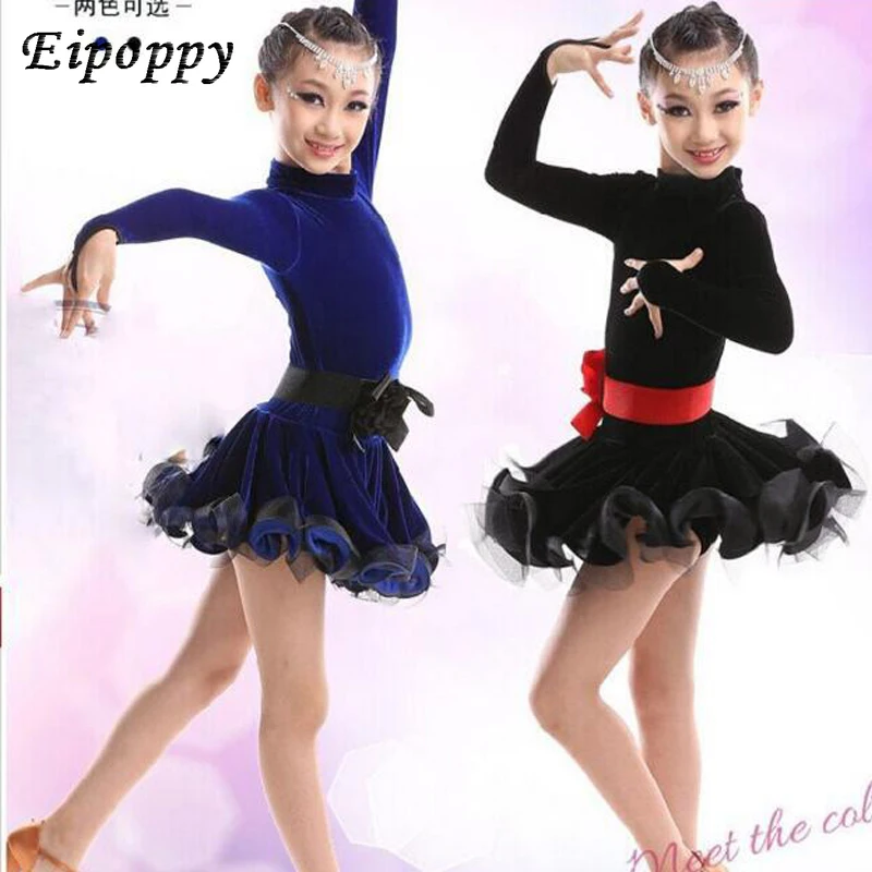 ชุดซัลซ่าสำหรับเด็กชุดลาตินสีดำเกรดสูงสำหรับเด็กผู้หญิงชุดเดรสเต้นรำเสื้อลูกไม้แขนยาวสง่างามชุดเดรสเต้นรำละติน