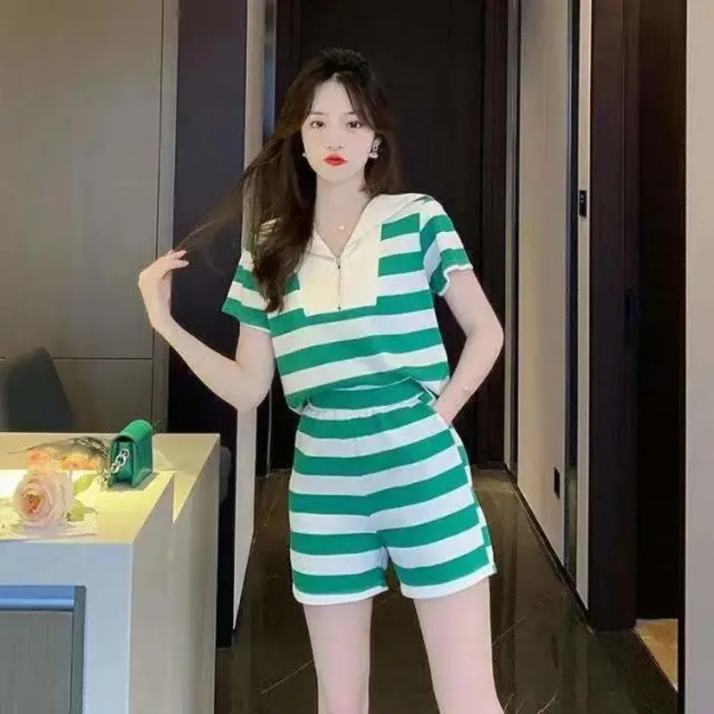Women's Casual Suit 2026 Summer New Korean Tracksuit Stripe Shirts Tops Shorts Running Slim Home Clothes Two Piece Set For Girls