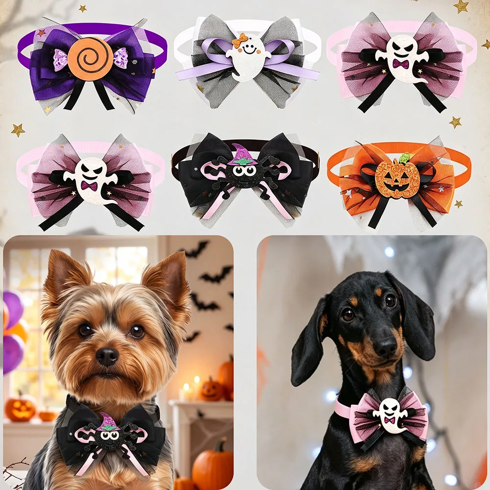 30PCS Halloween Party Dog Bowties Adjustable Puppy Neck Bows Small Cat Necklaces Funny Lace Pet Grooming Accessories For Dogs