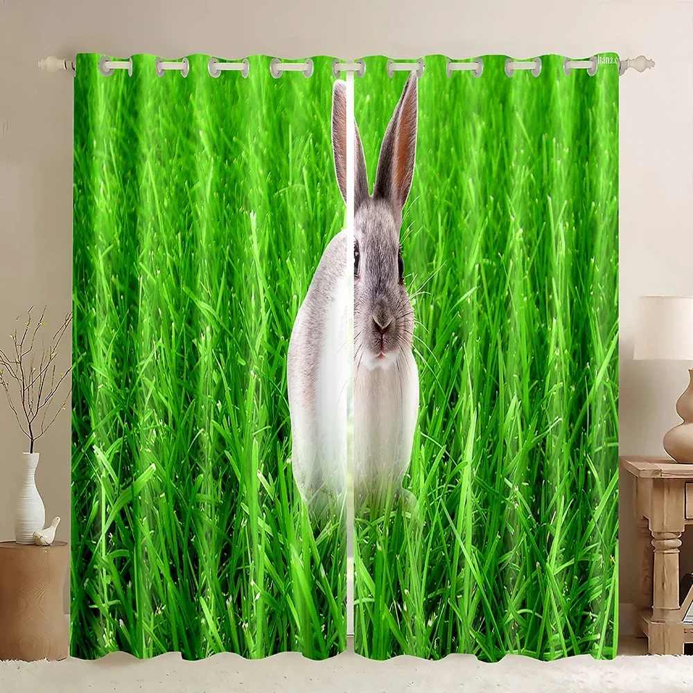 3D Animal Rabbit Print Window Curtains,Orange Bunny With Pink Flowers On The Table,Wildlife Themed Pink White Blackout Curtains