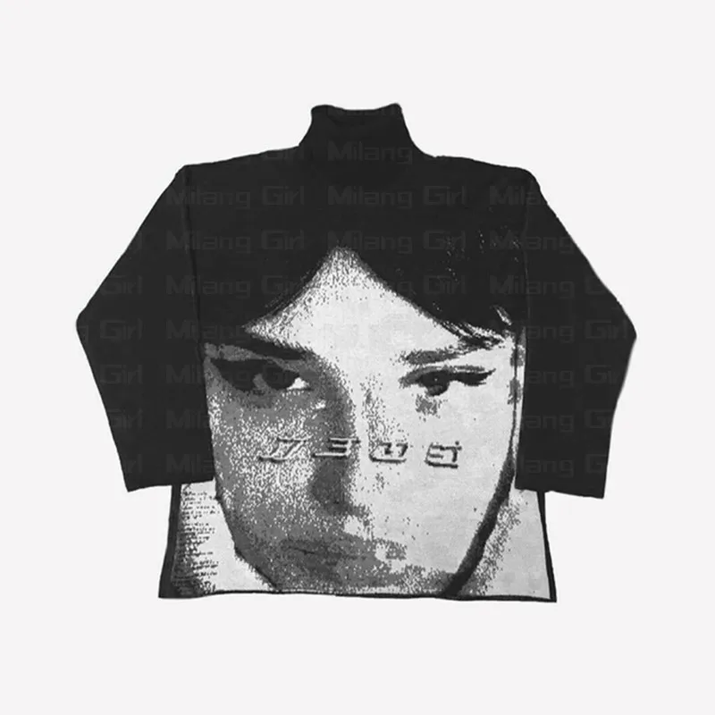 Hip Hop Streetwear Knitted Sweater men turtleneck Women portrait Print Pullover Harajuku Gothic Oversized Sweater Cotton sweater