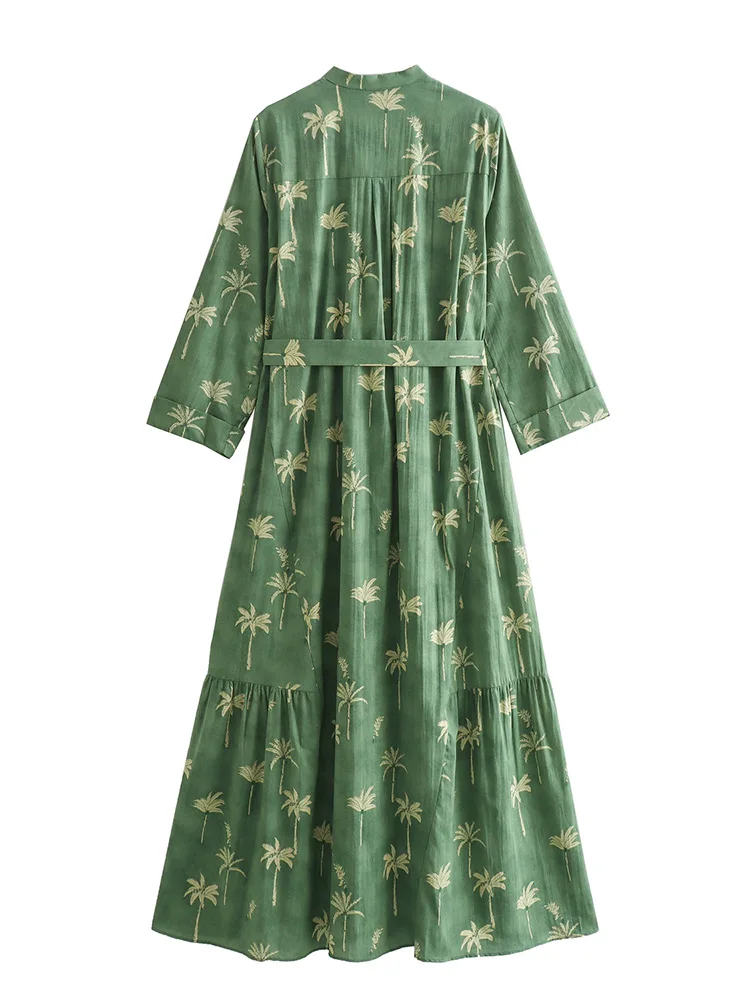 Robes mi-longues printemps été pour femme ourlet à volants robe boho de vacances imprimée vintage à manches 3/4 robe chemise boutonnée avec ceinture