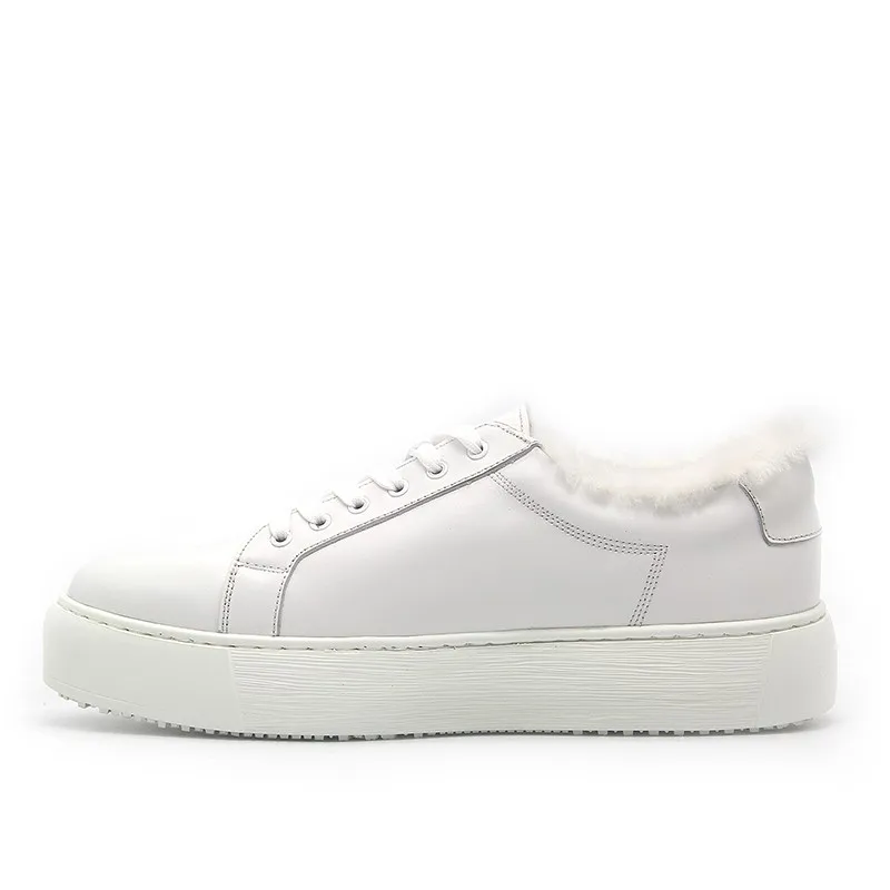 JINIWU 2026 Winter Wool Lined White Sneakers for Men, Handmade Cow Leather Thick Sole Elevated Casual Lace Up Skate Shoes